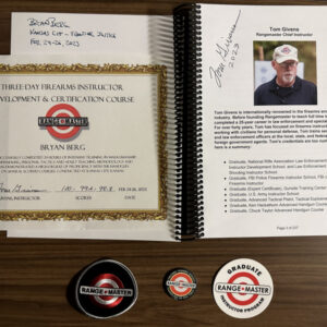 Materials from Bryan's Training with Tom Givens, including patches, souvenir coin, certificate, and autographed class textbook.