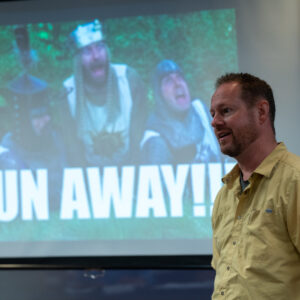 Bryan uses Monty Python's famous "Run Away!" on slideshow to encourage students to retreat when sensible.