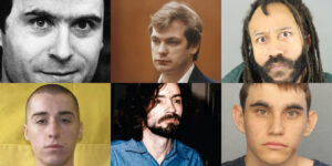 Collage with Ted Bundy, Jeffrey Dahmer, Darrell Brooks, TJ Lane, Charles Manson, and Nikolas Cruz.