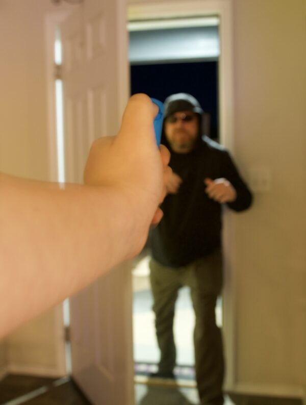 Homeowner defends against an intruder using skills and products taught in the Ministry of Defense pepper spray class.